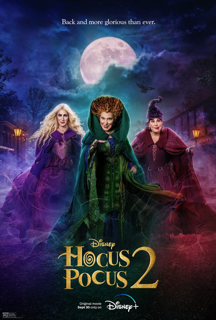 Kathy Najimy as Mary Sanderson, Bette Midler as Winifred Sanderson, and Sarah Jessica Parker as Sarah Sanderson in Disney's live-action HOCUS POCUS 2, exclusively on Disney+. Photo by Matt Kennedy. © 2022 Disney Enterprises, Inc. All Rights Reserved.