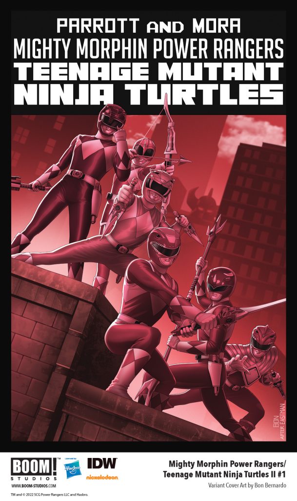 "Mighty Morphin Power Rangers/Teenage Mutant Ninja Turtles II #1" variant cover B art by Bon Bernardo.