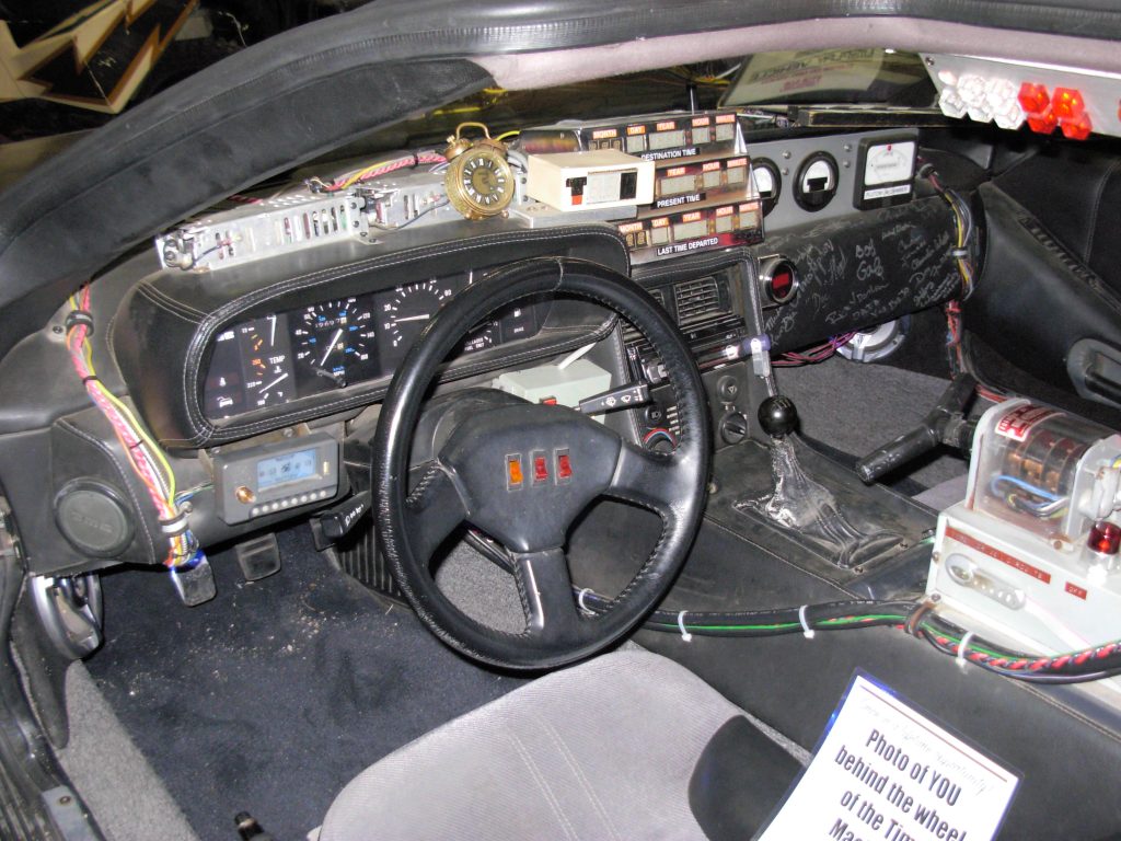 DeLorean time machine from "Back to the Future Part II", view of interior front.