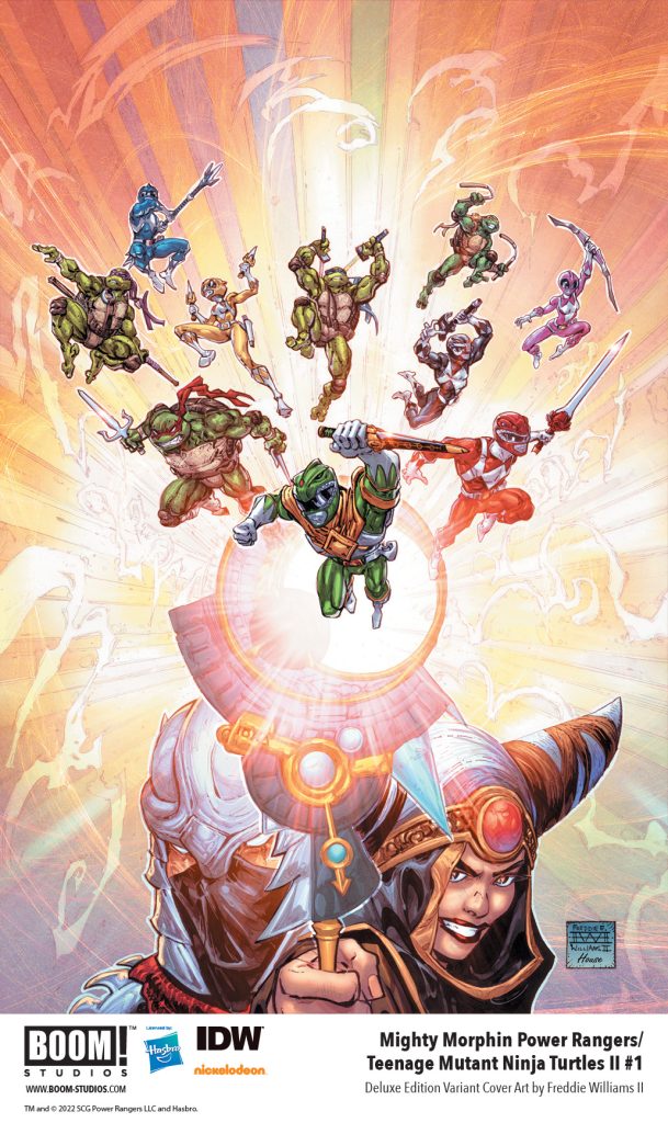 "Mighty Morphin Power Rangers/Teenage Mutant Ninja Turtles II #1" variant cover D art by Freddie Williams.