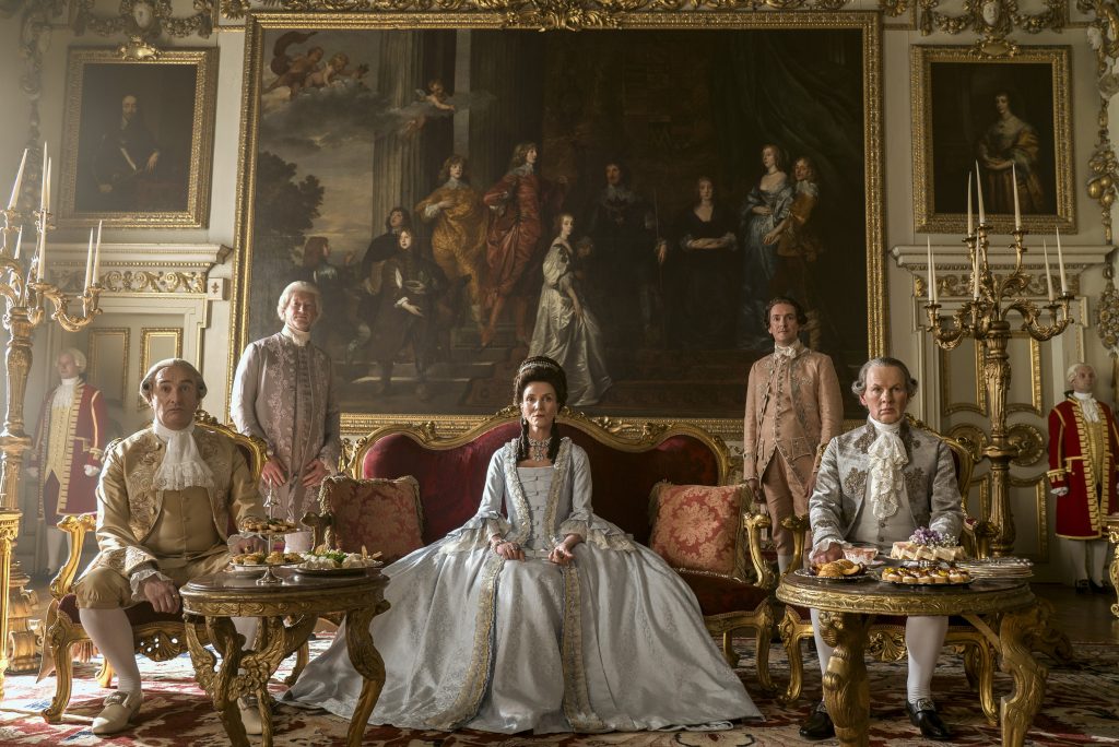 Queen Charlotte: A Bridgerton Story. (L to R) Neil Edmond as Earl Harcourt, Michelle Fairley as Princess Augusta, Richard Cunningham as Lord Bute in episode 102 of Queen Charlotte: A Bridgerton Story. Cr. Liam Daniel/Netflix © 2023