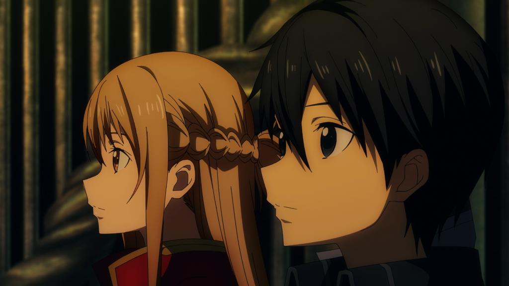 'Sword Art Online the Movie -Progressive- Scherzo of Deep Night' screenshot showing Asuna and Kirito staring out at a peaceful scene.