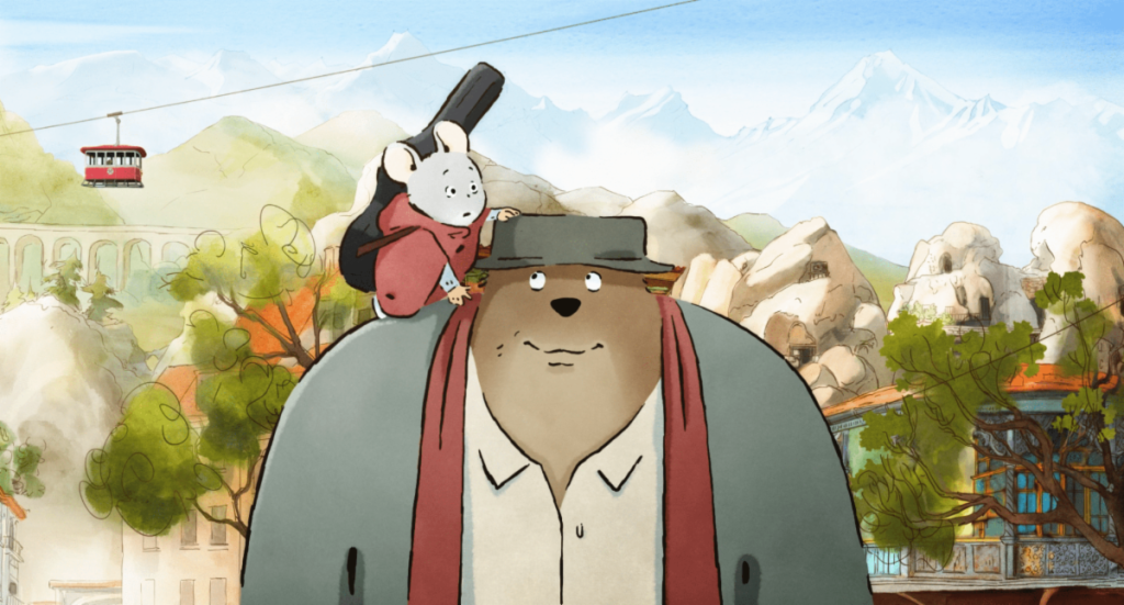 'Ernest & Celestine: A Trip to Gibberita' screenshot showing Ernest staring up at Celestine on his shoulder.