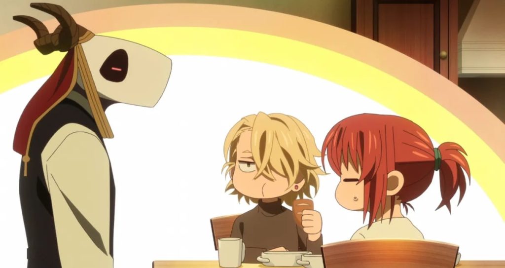 'The Ancient Magus' Bride season 2' Ep. 6 "Better bend than break." screenshot depicting a chibi Alice enjoying dinner with chibi Chise and chibi Elias.