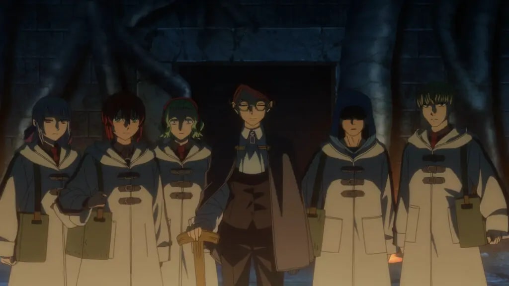 The Ancient Magus' Bride season 2 Ep. 12 "A small leak will sink a great ship. II" depicting Chise and her classmates standing with the real professor against the fake one.