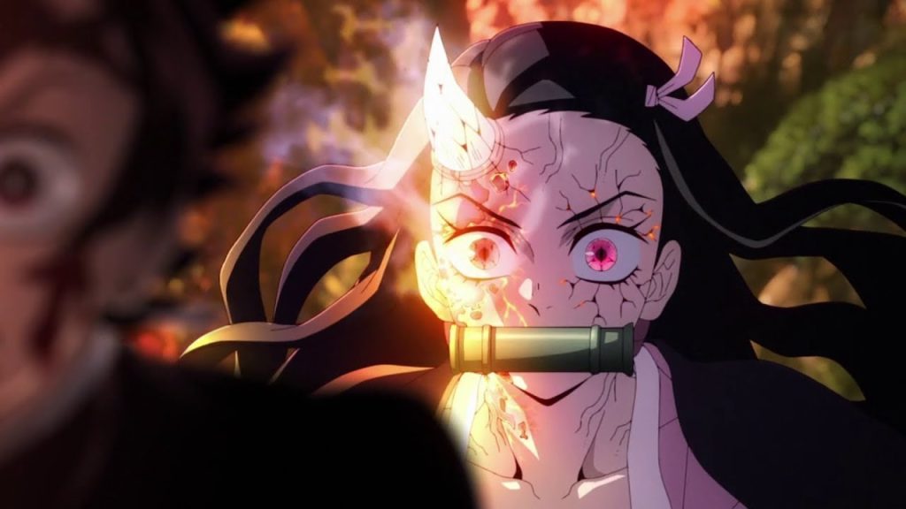 Demon Slayer: Kimetsu no Yaiba – Swordsmith Village Arc Ep. 11 "A Connected Bond: Daybreak and First Light" screenshot depicting sunlight hitting Nezuko and giving her the worst sunburn ever. Literally.