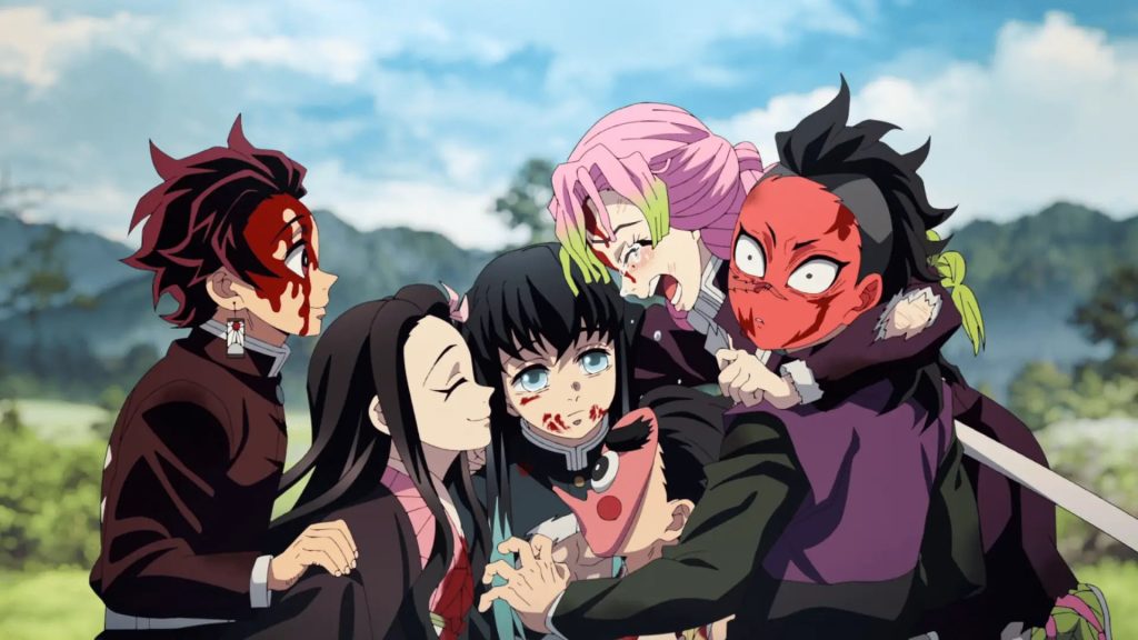 Demon Slayer: Kimetsu no Yaiba – Swordsmith Village Arc Ep. 11 "A Connected Bond: Daybreak and First Light" screenshot depicting Tanjiro, Nezuko, Muichiro, Kotetsu, Mitsuri, and Genya all celebrating living through the night of Demons.