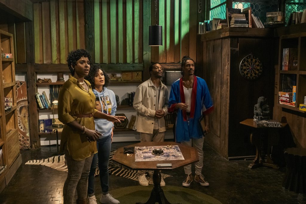 Antoinette Robertson as Lisa, Grace Byers as Allison, Jermaine Fowler as Clifton and Dewayne Perkins as Dewayne in The Blackening. Photo Credit: Glen Wilson