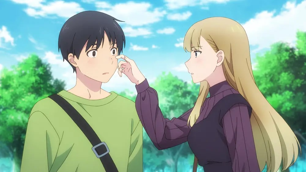 A Galaxy Next Door anime screesnshot depicting Shiori gently wiping away Ichiro's tear.