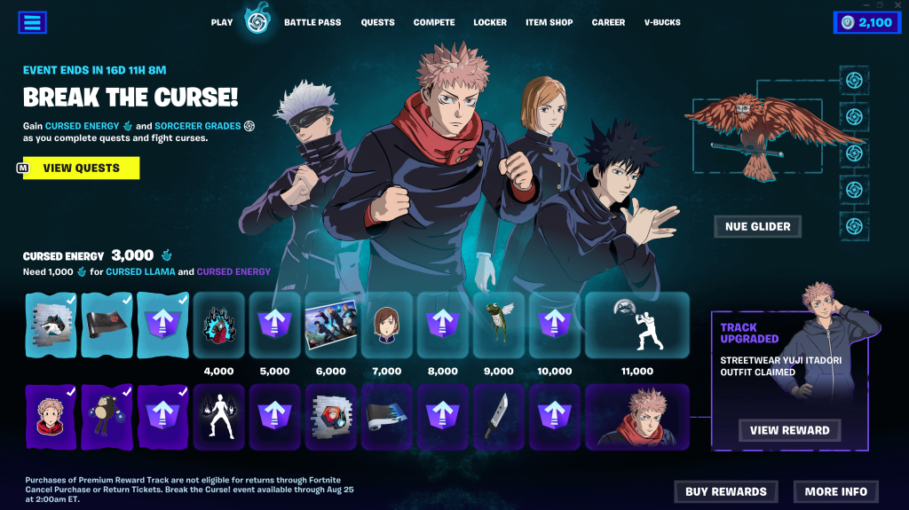 Fortnite x Jujutsu Kaisen "Break the Curse!" screenshot depicting the cosmetic and level up rewards.