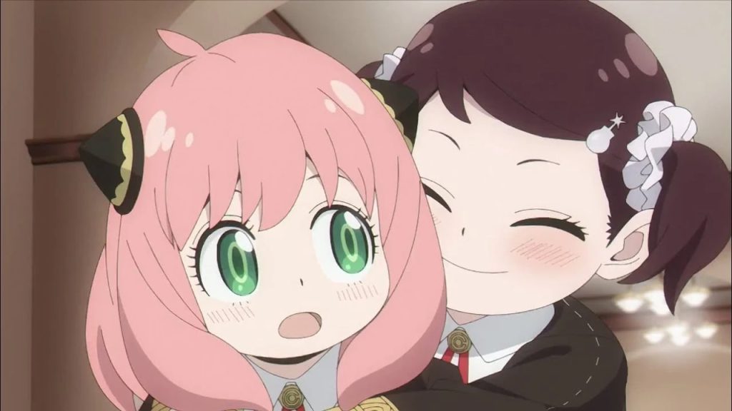 Spy x Family anime screenshot depicting Becky hugging Anya.