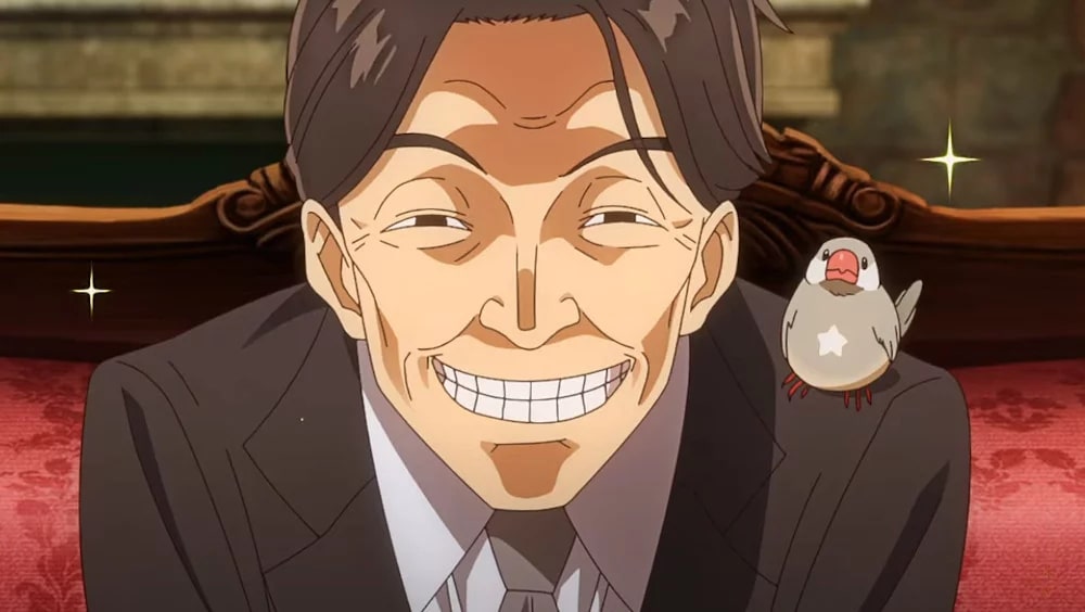 Sasaki and Peeps Ep. 1 "Real Life and Fantasy" screenshot showing Sasaki giving a creepy smile during a business deal.