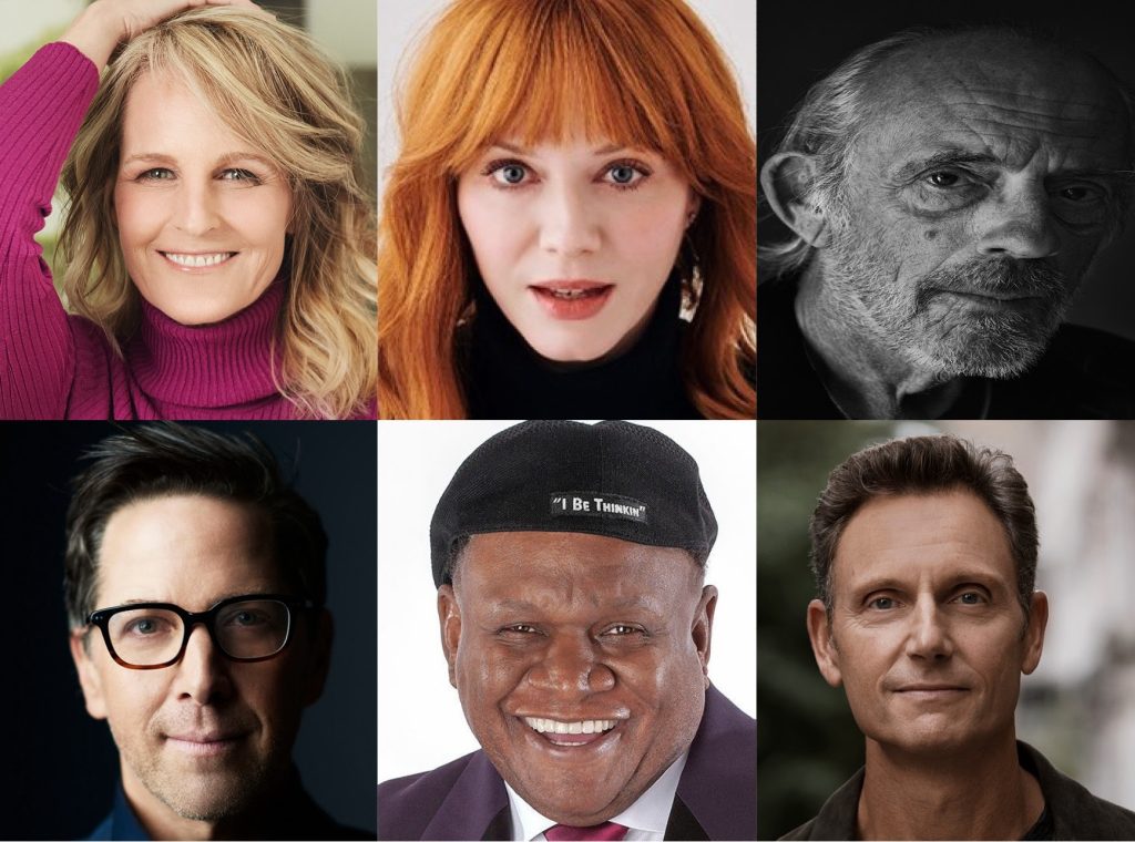 Hacks season 3 guest star headshots. Top, L - R: Helen Hunt, Christina Hendricks, Christopher Lloyd; Bottom, L - R: Dan Bucatinsky, George Wallace, Tony Goldwyn