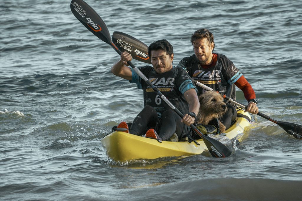 Simu Liu as Leo and Mark Wahlberg as Michael in Arthur The King. 