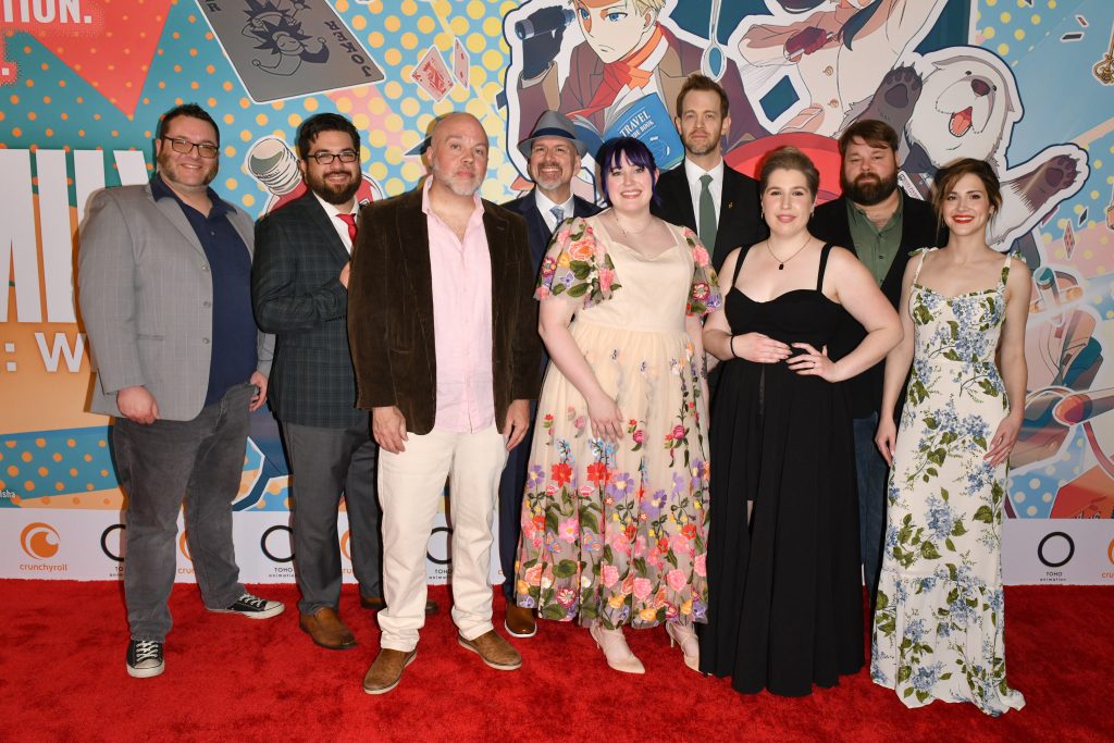 LOS ANGELES, CALIFORNIA - APRIL 11: (L-R) Tyson Rinehart, Anthony Bowling, Tyler Walker, Phil Parsons, Megan Shipman, Alex Organ, Natalie Van Sistine, Cris George, and Lindsay Seidel  attend World Premiere Of The English Dub Version Of "SPY x FAMILY CODE: White" at DGA Theater Complex on April 11, 2024 in Los Angeles, California. (Photo by Craig Barritt/Getty Images for Crunchyroll)