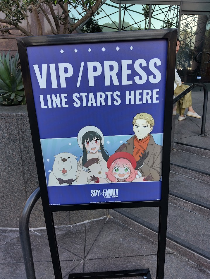 Spy x Family Code: White red carpet premiere VIP/Press line starts here sign.