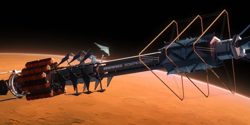 Mars Express screenshot showing the titular spaceship in orbit over Mars.