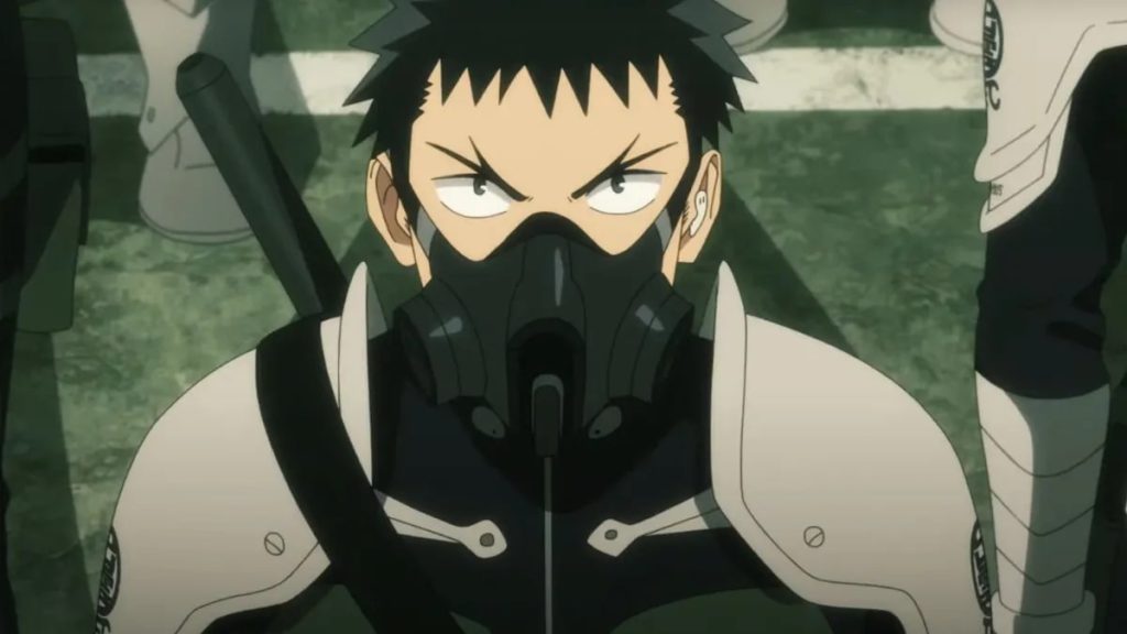 Kaiju No. 8 Ep. 3 "Revenge Match" screenshot showing Kafka in an anti-kaiju suit and gas mask.