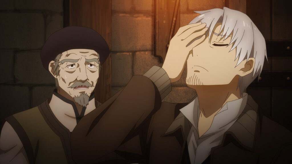 Spice and Wolf: MERCHANT MEETS THE WISE WOLF Ep. 7 "Scale of God and Sorcerer of the Grasslands" screenshot showing Lawrence being dramatic towards a cheating merchant.