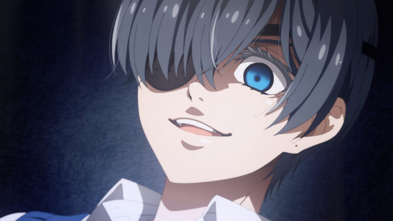 Black Butler -Public School Arc- Ep. 6 "His Butler, Scheming" screenshot showing Ciel with an evil smirk on his face.