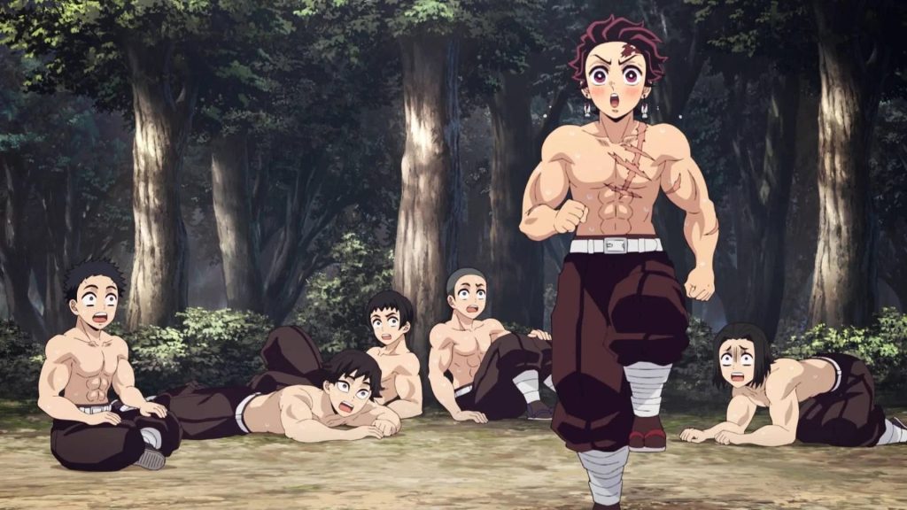 Demon Slayer: Kimetsu no Yaiba - Hashira Training Arc Ep. 3 "Fully Recovered Tanjiro Joins the Hashira Training!!" screenshot showing Tanjiro being the cinnamon bun among his fellow Demon Slayers trainees.