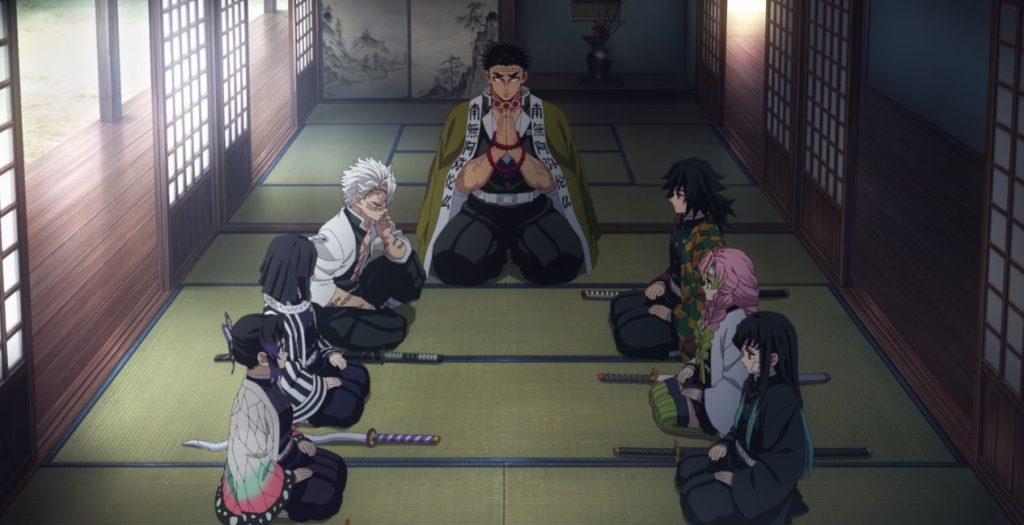 Demon Slayer: Kimetsu no Yaiba - Hashira Training Arc Ep. 1 "To Defeat Muzan Kibutsuji" screenshot showing all the (remaining) Hashira assembled.