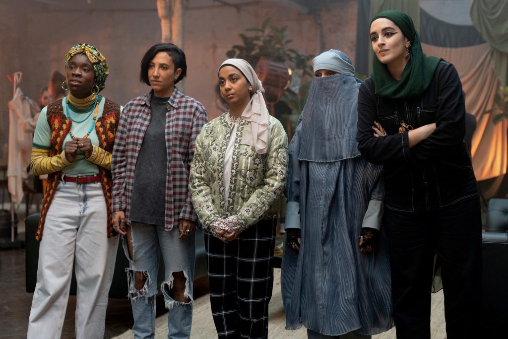 (l-r) Faith Omole as Bisma, Sarah Kameela Impey as Saira, Lucie Shorthouse as Momtaz, Juliette Motamed as Ayesha  -- (Photo by: Saima Khalid/PEACOCK)