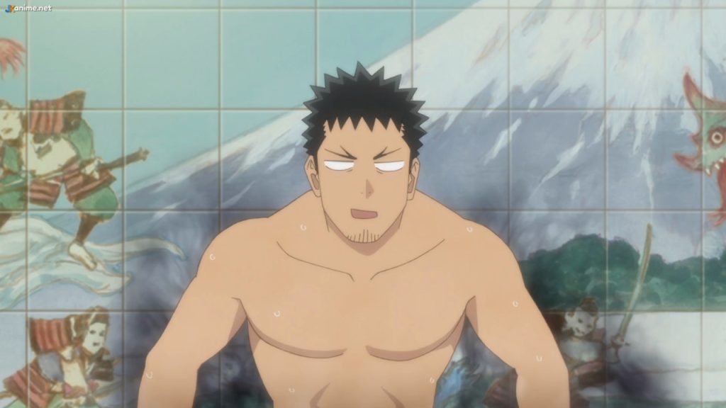 Kaiju No. 8 Ep. 5 "Joining Up!" screenshot showing a nervous Kafka in the baths.