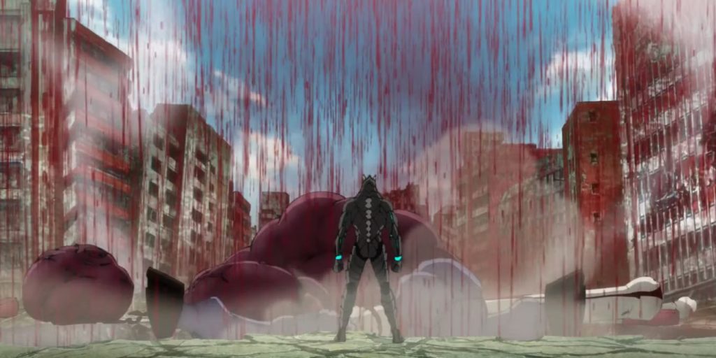 Kaiju No. 8 Ep. 4 "Fortitude 9.8" screenshot showing a blood rain after Kafka one-punches a kaiju to death.