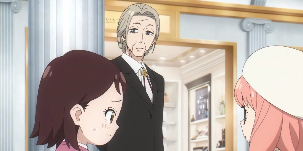 Spy x Family anime screenshot showing Martha watching over Becky and Anya as they shop.