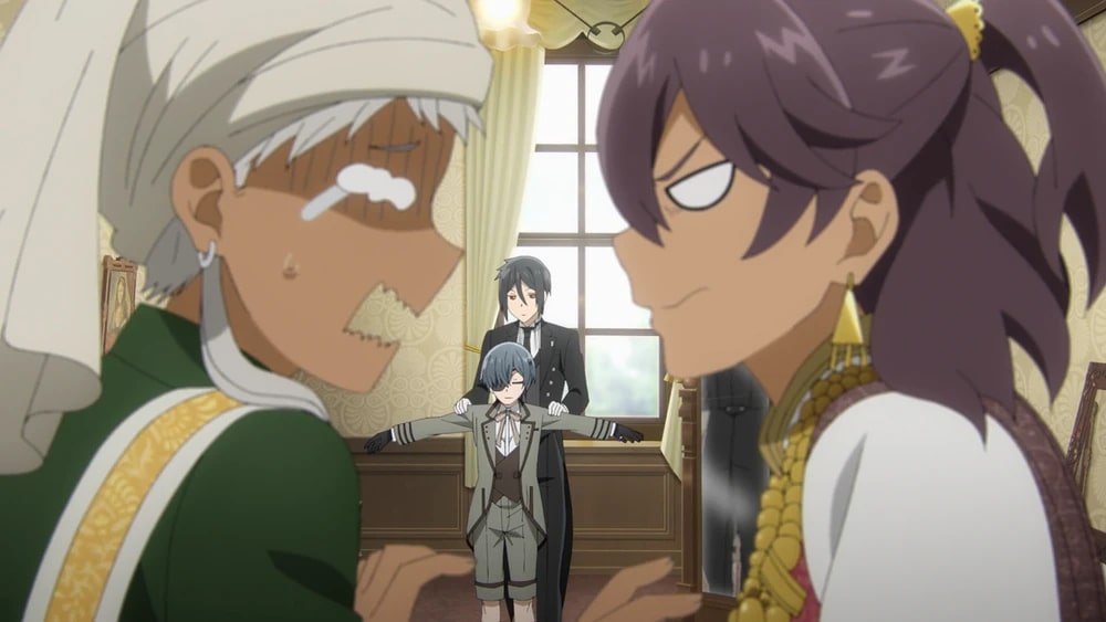 Black Butler -Public School Arc- Ep. 11 "His Butler, Taking Off" screenshot showing Agni and Soma arguing while Sebastian is dressing Ciel.