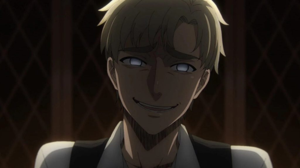 Black Butler -Public School Arc- Ep. 10 "His Butler, Assenting" screenshot showing Derrick smiling a most creepy smile.