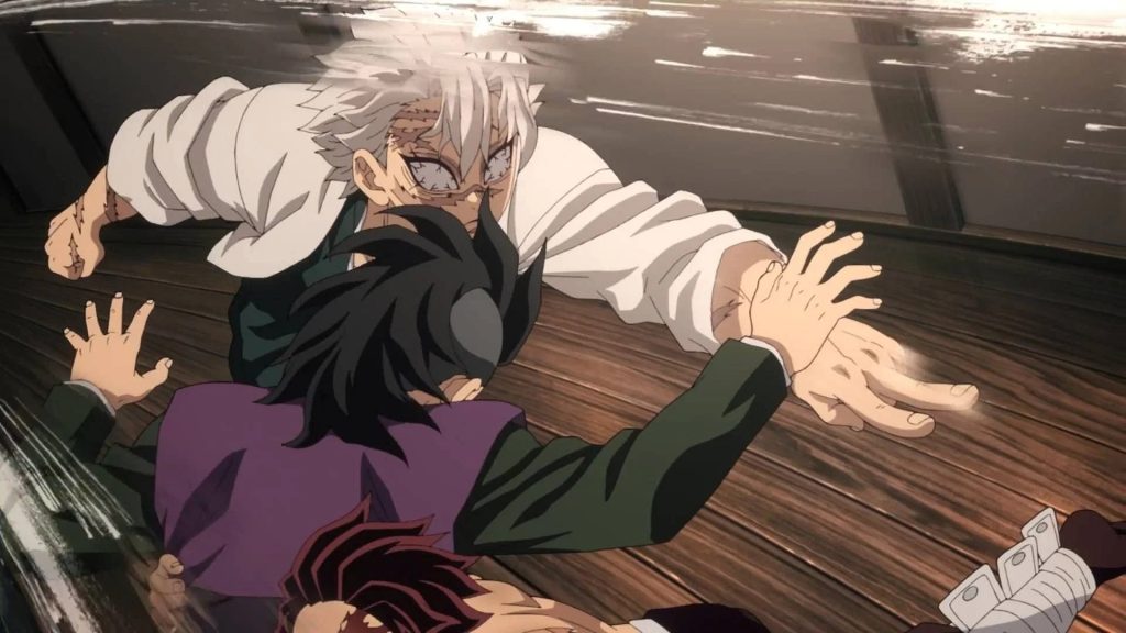 Demon Slayer: Kimetsu no Yaiba - Hashira Training Arc Ep. 5 "I Even Ate Demons" screenshot showing Tanjiro shoving Genya out of the way of Sanemi's crippling strike.