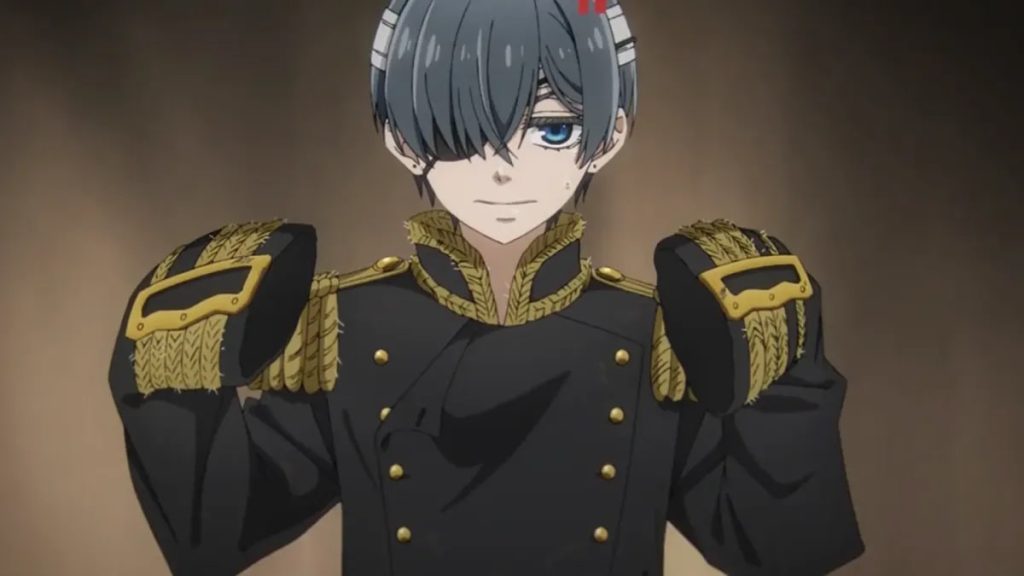 Black Butler -Public School Arc- Ep. 8 "His Butler, Locking Up" screenshot showing Ciel in an oversized coxwain's uniform.