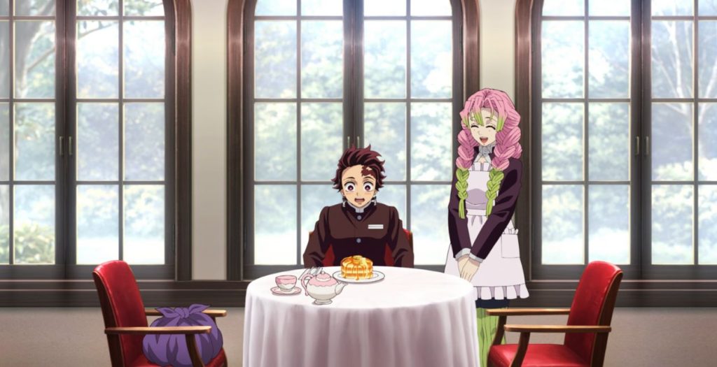 Demon Slayer: Kimetsu no Yaiba - Hashira Training Arc Ep. 5 "I Even Ate Demons" screenshot showing Mitsuri introducing pancakes to Tanjiro before his training.