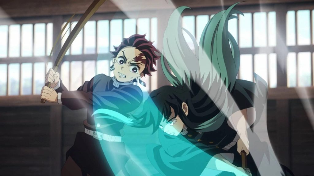 Demon Slayer: Kimetsu no Yaiba - Hashira Training Arc Ep. 4 "To Bring a Smile to One's Face" screenshot showing Tanjiro dodging a slash from Muichiro.