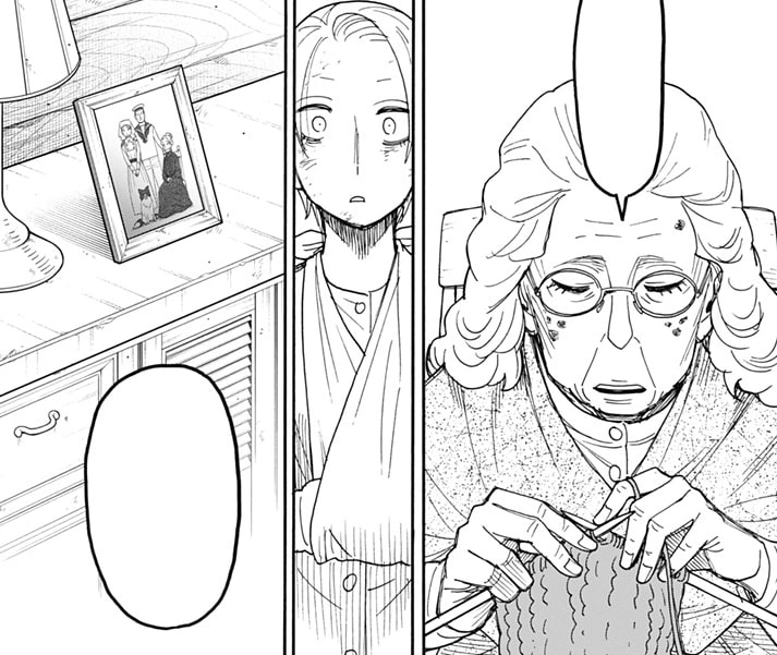 Spy x Family Ch. 100 / Mission 100 manga panel showing the old woman revealing the death of her daughter.