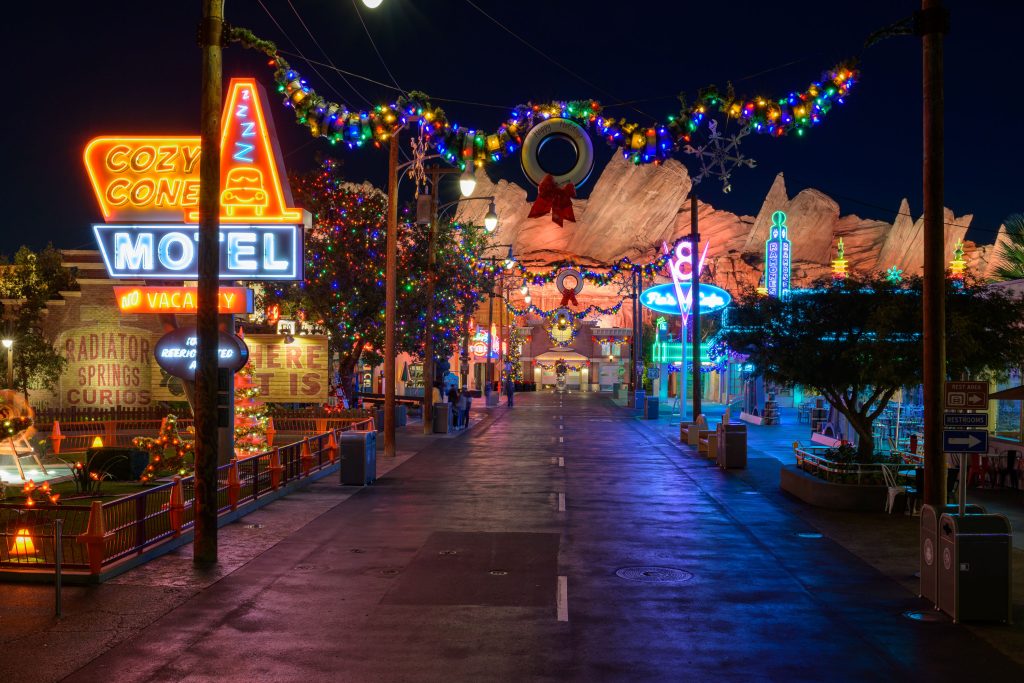 Radiator Springs holiday seasonal overlay in California Adventure Park