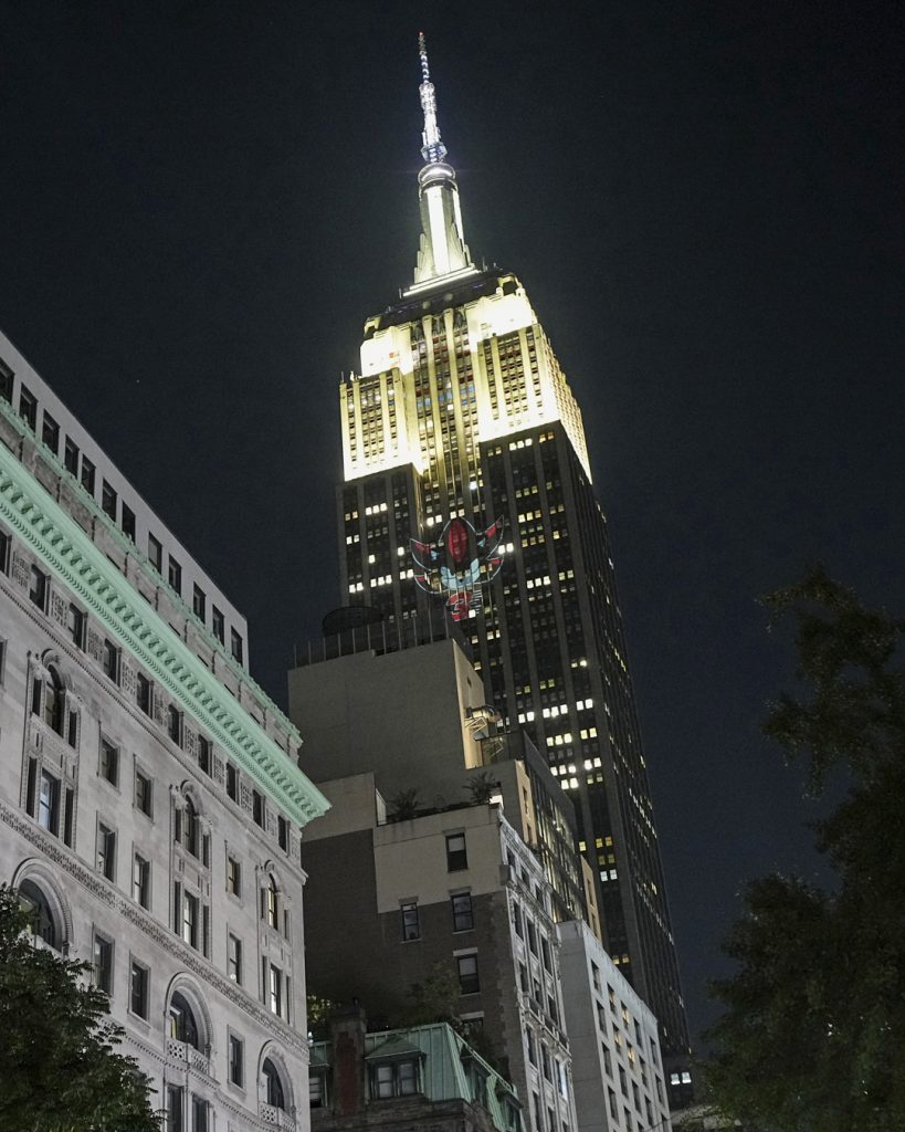 NEW YORK, NEW YORK - AUGUST 25: Sonic the Hedgehog 3 projections featuring images of Sonic, Shadow, and the classic Robotnik icon appear in multiple cities and locations around the world, as seen here at the Empire State Building in New York City. (Photo by John Nacion/Getty Images for Paramount Pictures)