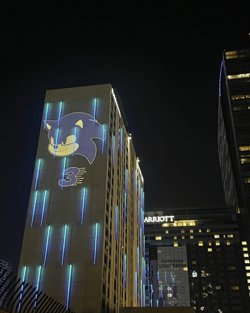 Sonic the Hedgehog 3 projections featuring images of Sonic, Shadow, and the classic Robotnik icon appear in multiple cities and locations around the world, , as seen here at the LA Live Courtyard Marriott, Los Angeles.