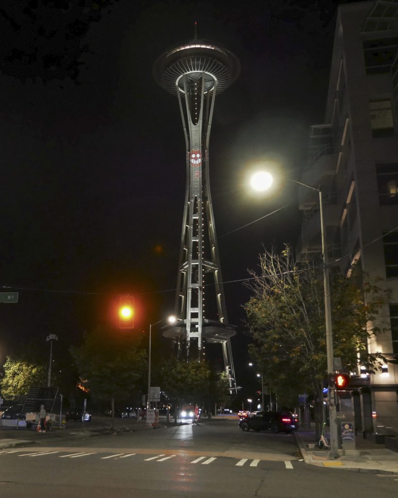 Sonic the Hedgehog 3 projections featuring images of Sonic, Shadow, and the classic Robotnik icon appear in multiple cities and locations around the world, as seen here at the Space Needle, Seattle.