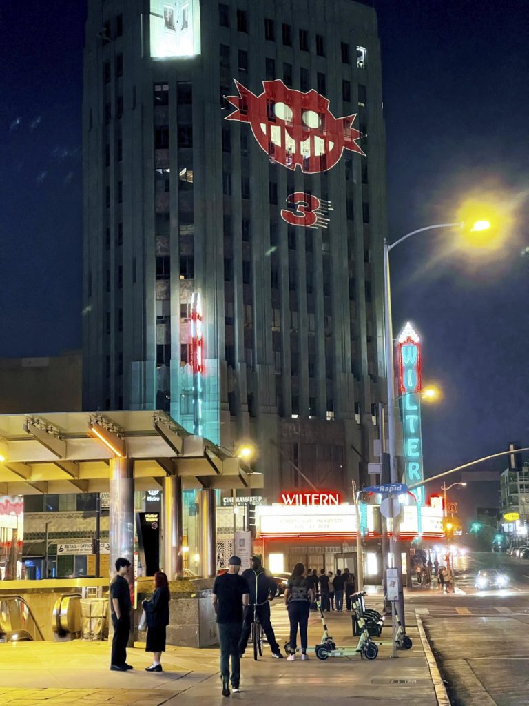 Sonic the Hedgehog 3 projections featuring images of Sonic, Shadow, and the classic Robotnik icon appear in multiple cities and locations around the world, , as seen here at the Wiltern Theatre, Los Angeles.