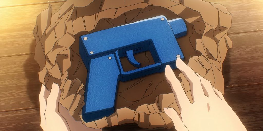 DEAD DEAD DEMONS DEDEDEDE DESTRUCTION Ep. 11 screenshot showing the 3D-printed gun Futaba is given.