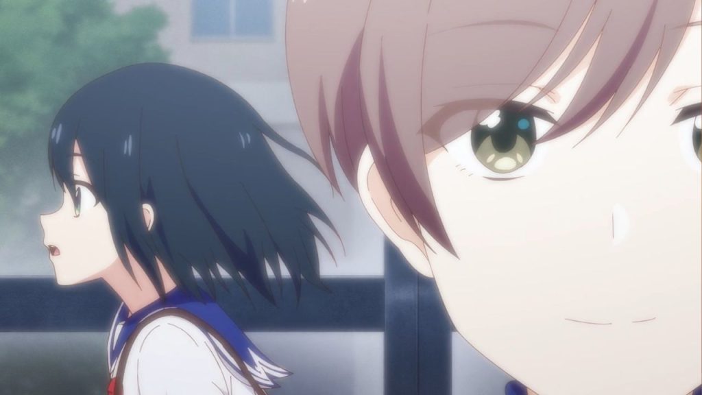 Senpai is an Otokonoko Ep. 8 "Wound" screenshot showing Saki running past Makoto's back.