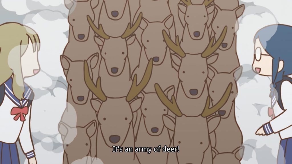 Senpai is an Otokonoko Ep. 11 "Used to Be Friends" screenshot showing Makoto and Ai being separated by an army of deer.