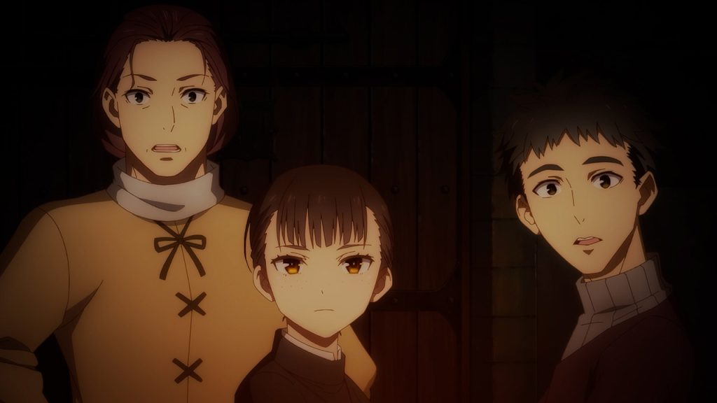 Spice and Wolf: MERCHANT MEETS THE WISE WOLF Ep. 23 "Orchestrated Catastrophe and Appropriate Retribution" screenshot showing Iima, Elsa, and Gyoam staring in shock at Holo's ears, save for Elsa.