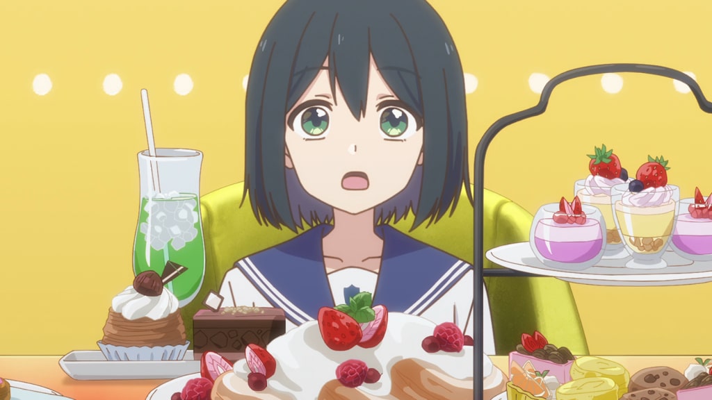 Senpai is an Otokonoko Ep. 10 "Their Feelings" screenshot showing Saki sitting in front of an array of desserts.