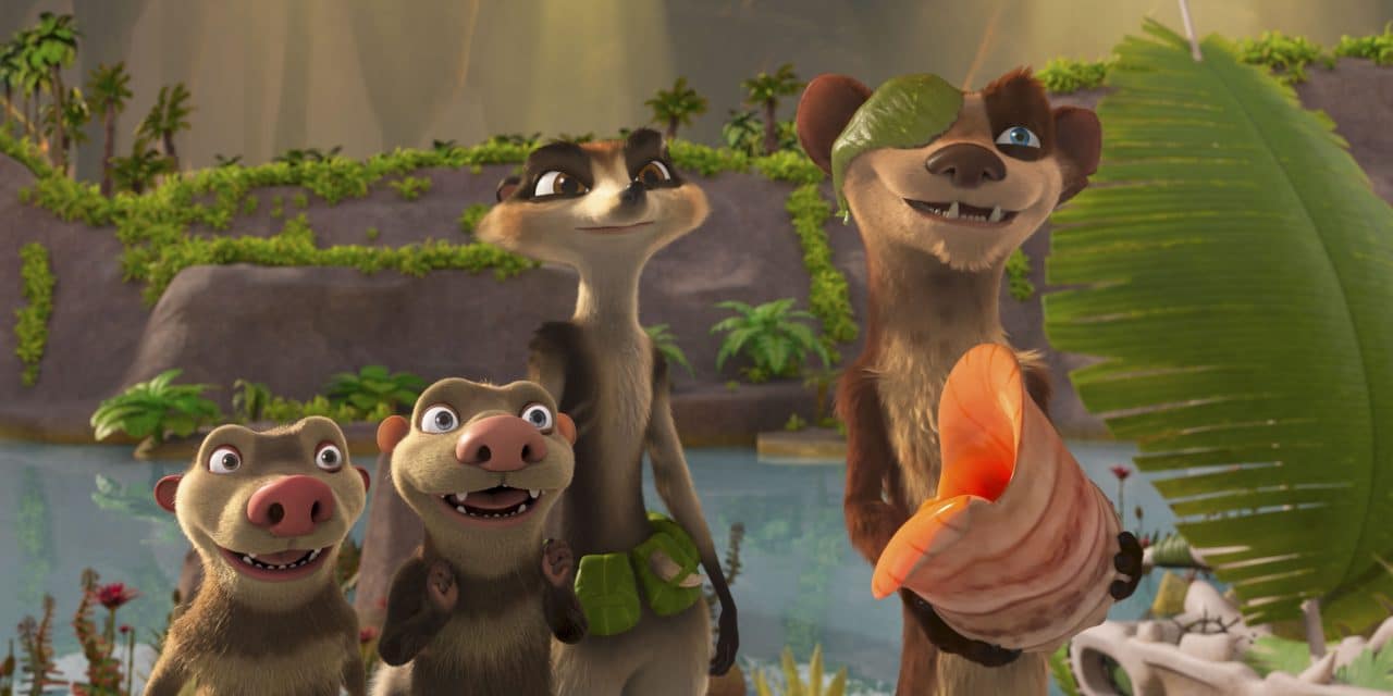 Crash (voiced by Seann William Scott), Eddie (voiced by Josh Peck), Zee (voiced by Justina Machado), and Buck (voiced by Simon Pegg) in THE ICE AGE ADVENTURES OF BUCK WILD, exclusively on Disney+