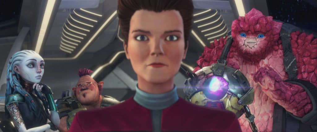 STAR TREK: PRODIGY: Ep#107 --  Ella Purnell as Gwyn, Jason Mantzoukas as Jankom Pog, Kate Mulgrew as Janeway, Angus Imrie as Zero and Rylee Alazraqui as Rok-Tahk in STAR TREK: PRODIGY streaming on Paramount+  Photo: Nickelodeon/Paramount+ ©2022VIACOM INTERNATIONAL. All Rights Reserved.