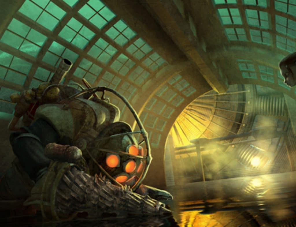 Concept art from the cancelled 2013 "Bioshock" film, showing an enraged Big Daddy in a glass ceiling building...deep under the ocean.